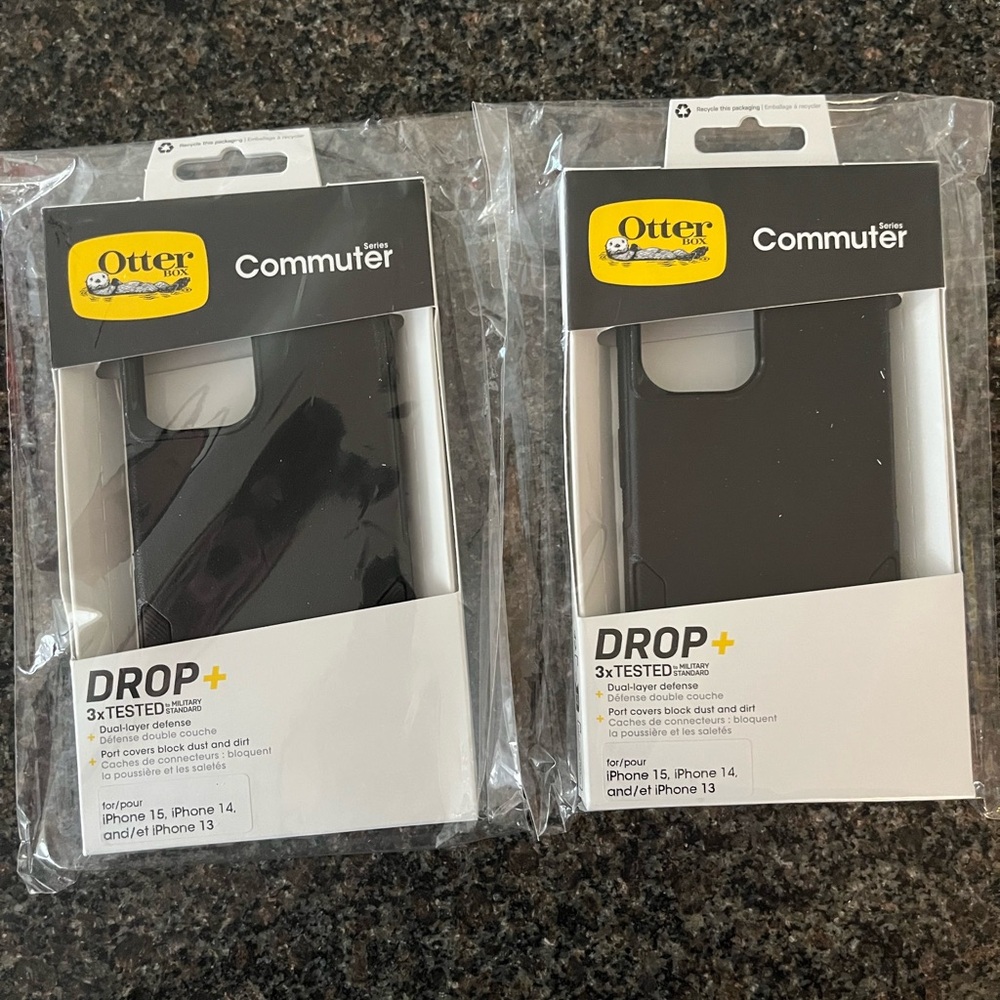 Two OtterBox Black Commuter Series Cases for iPhone 15, iPhone 14, or iPhone 13